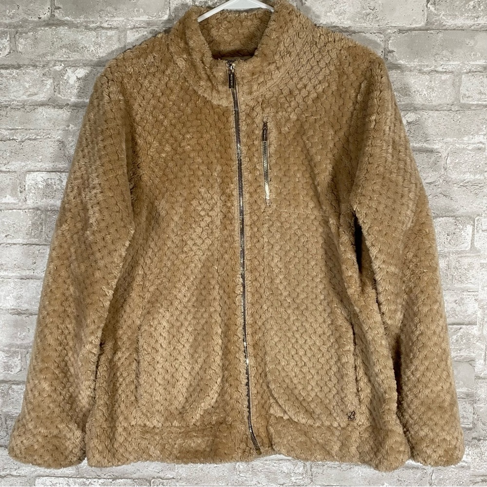 Calvin Klein fuzzy soft Women's Tan chic fleece Jacket size large outdoor